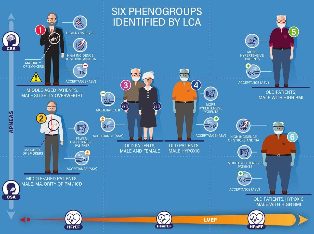 Een infografie met de zes fenogroepen van hartfalenpatiënten die zijn ingeschreven in het FACE-register.